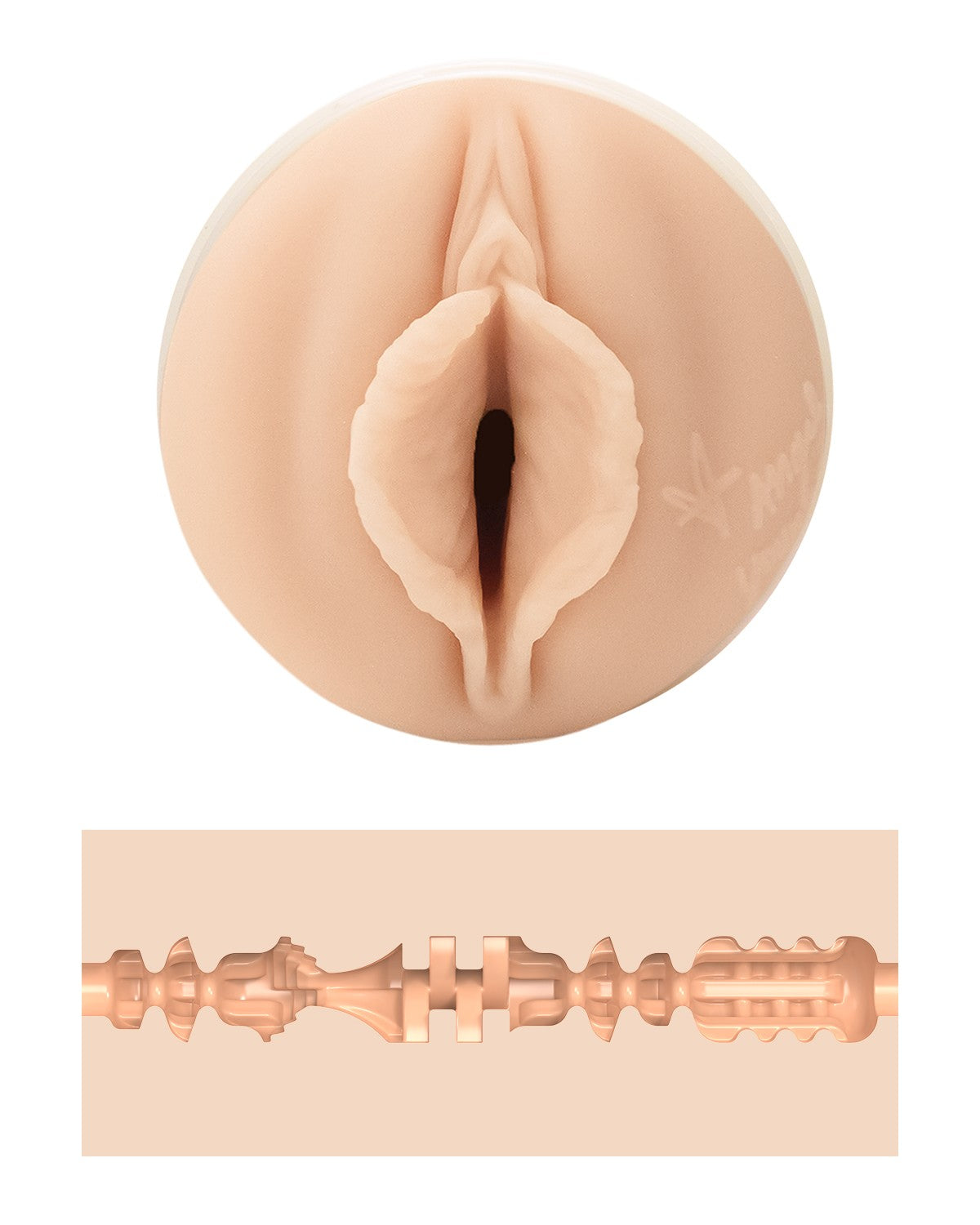 Zbliżenie na realistyczny wkład masturbatora Fleshlight Angel Youngs oraz przekrój wewnętrznej tekstury Sweetness.