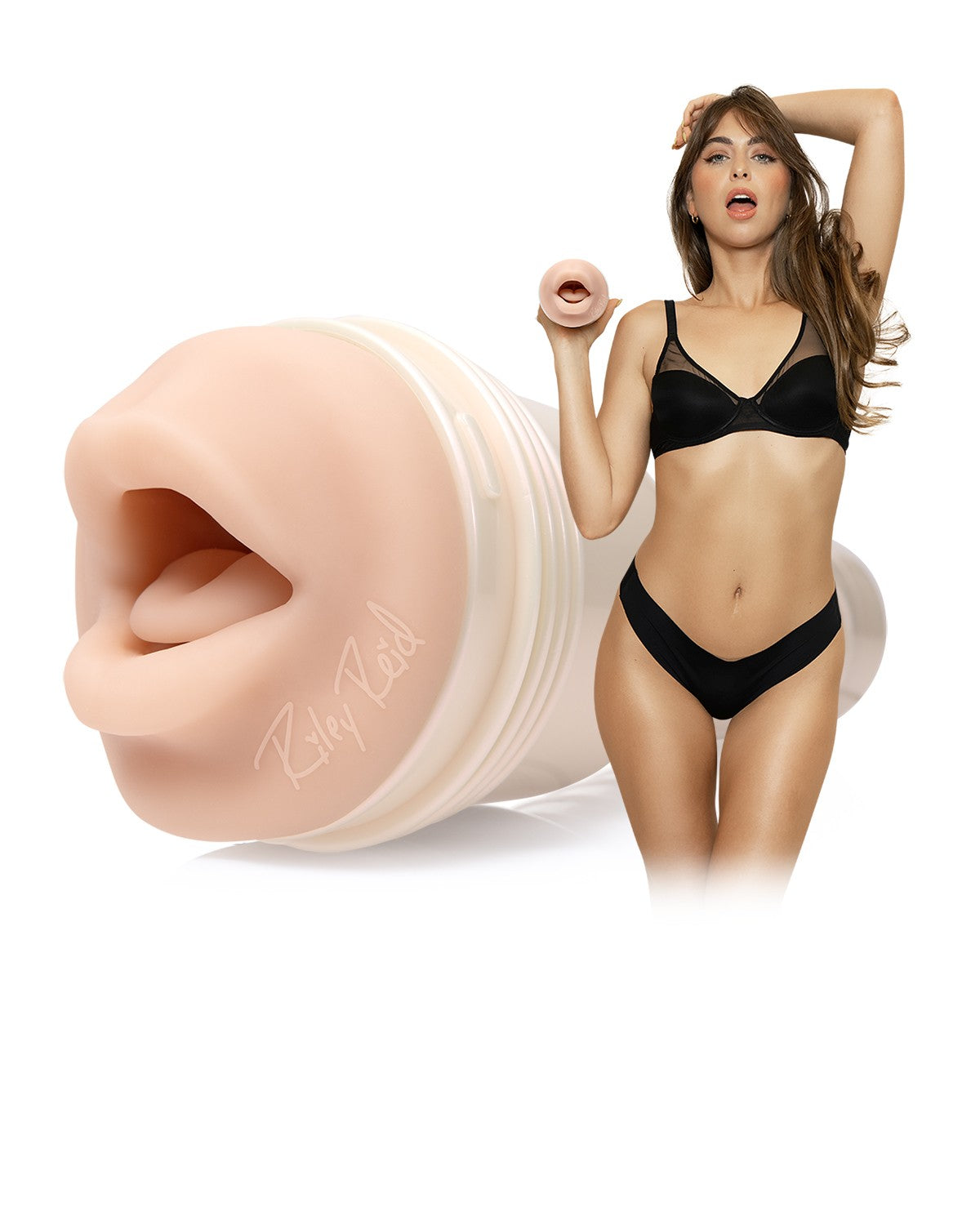 Masturbator oralny Fleshlight Girls odlew ust Riley Reid, która stoi obok produktu.