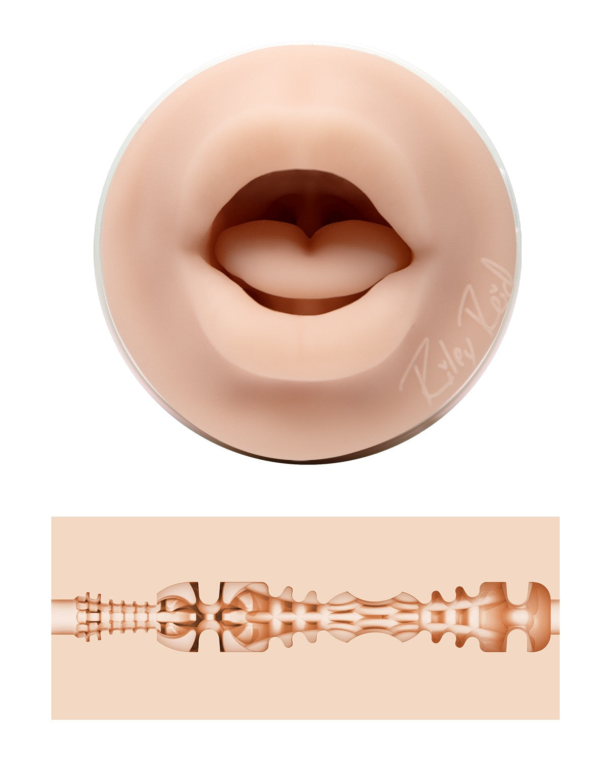 Zbliżenie na realistyczny otwór w kształcie ust masturbatora Fleshlight Riley Reid oraz przekrój wewnętrznej tekstury Insomnia.