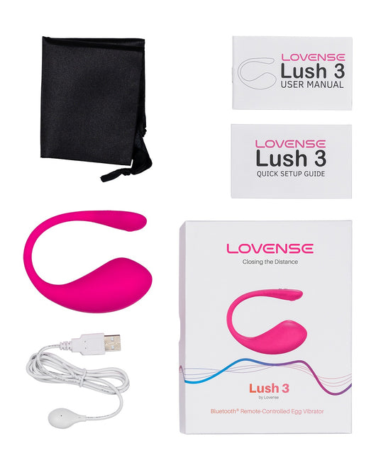 Kompletny zestaw Lovense Lush 3: jajko wibrujące, kabel USB, instrukcja obsługi, pokrowiec i oryginalne pudełko.