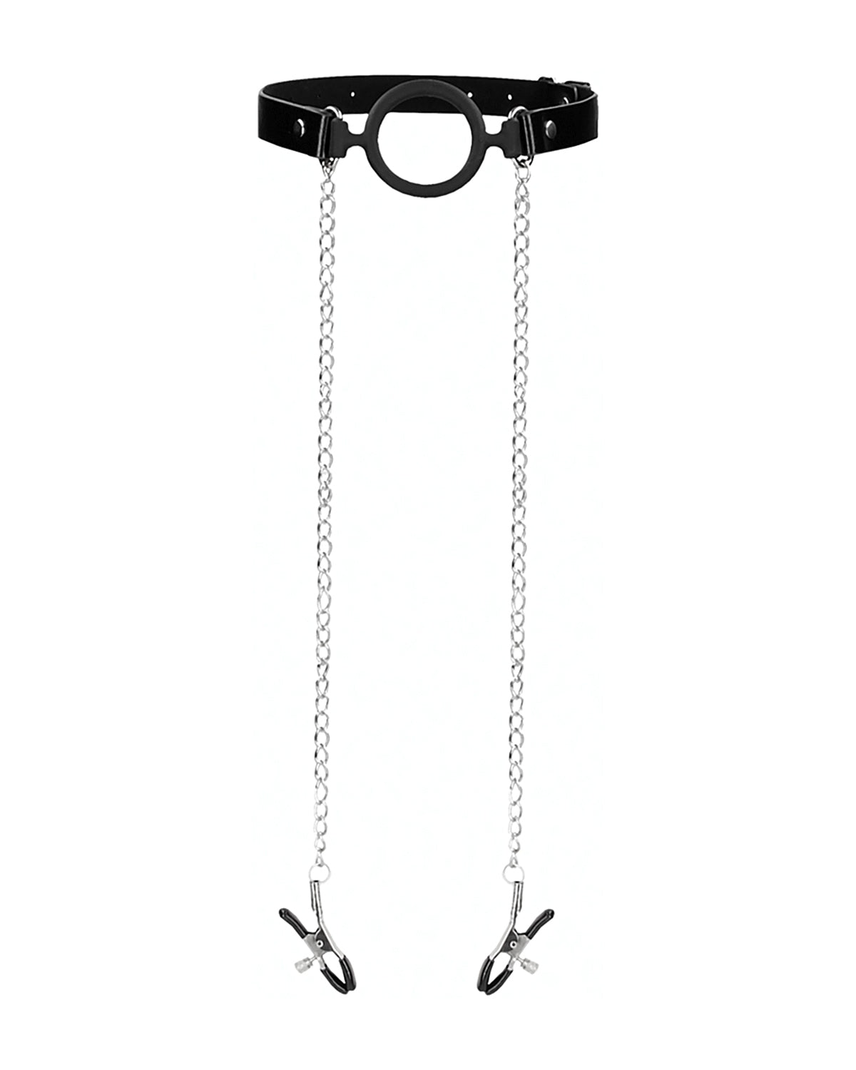 Otwarty knebel BDSM z regulowanymi zaciskami na sutki