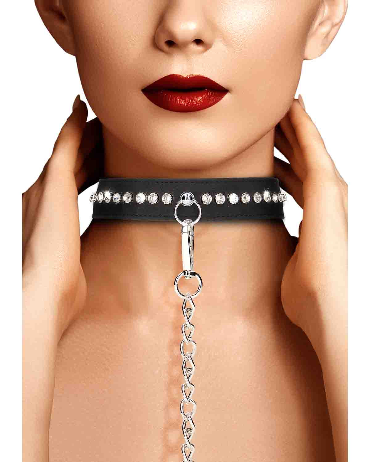Ouch! Diamond Studded Collar With Leash obroża erotyczna ze smyczą czarna
