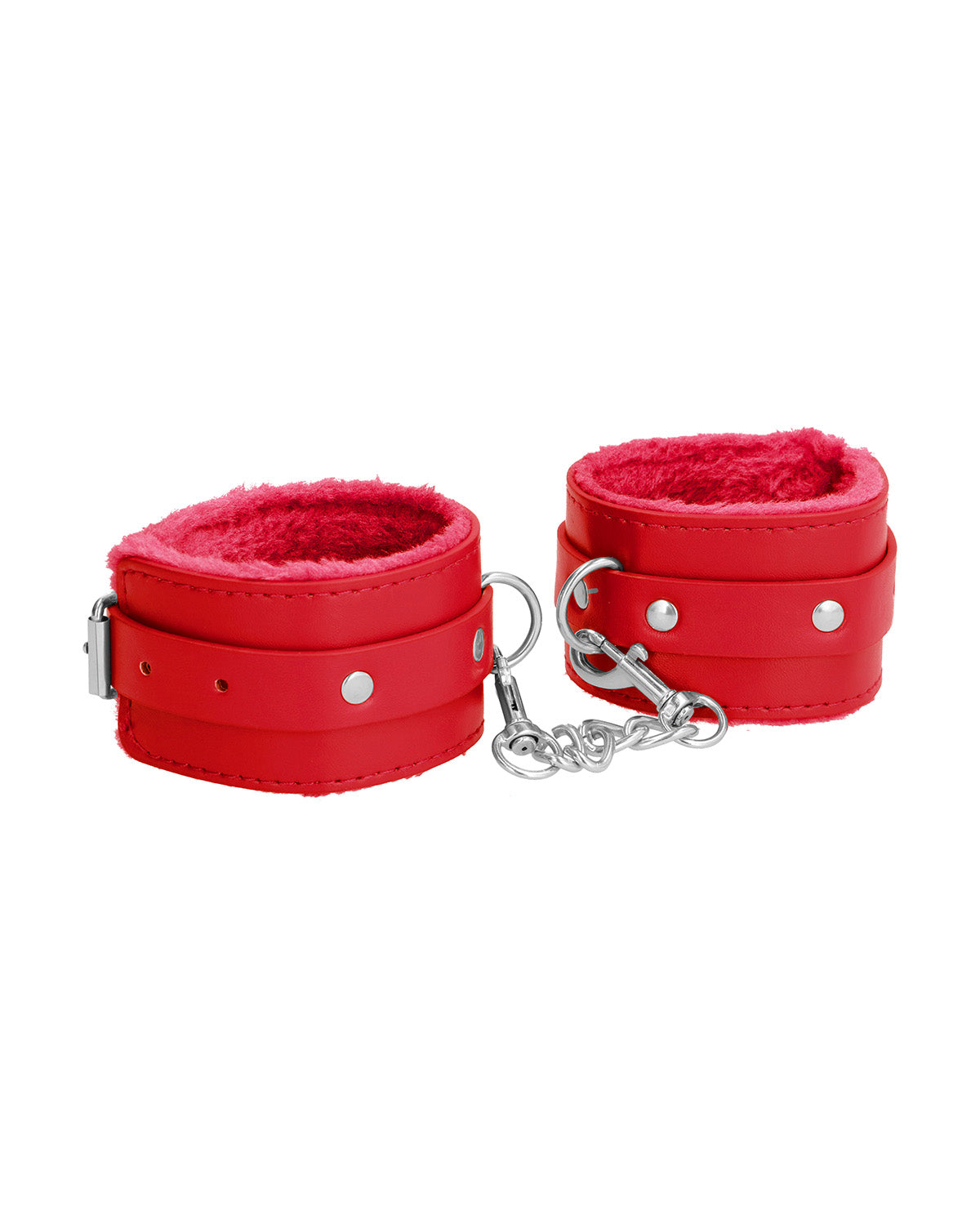 Ouch! Plush Leather Wrist Cuffs skórzane kajdanki na ręce z futerkiem czerwone