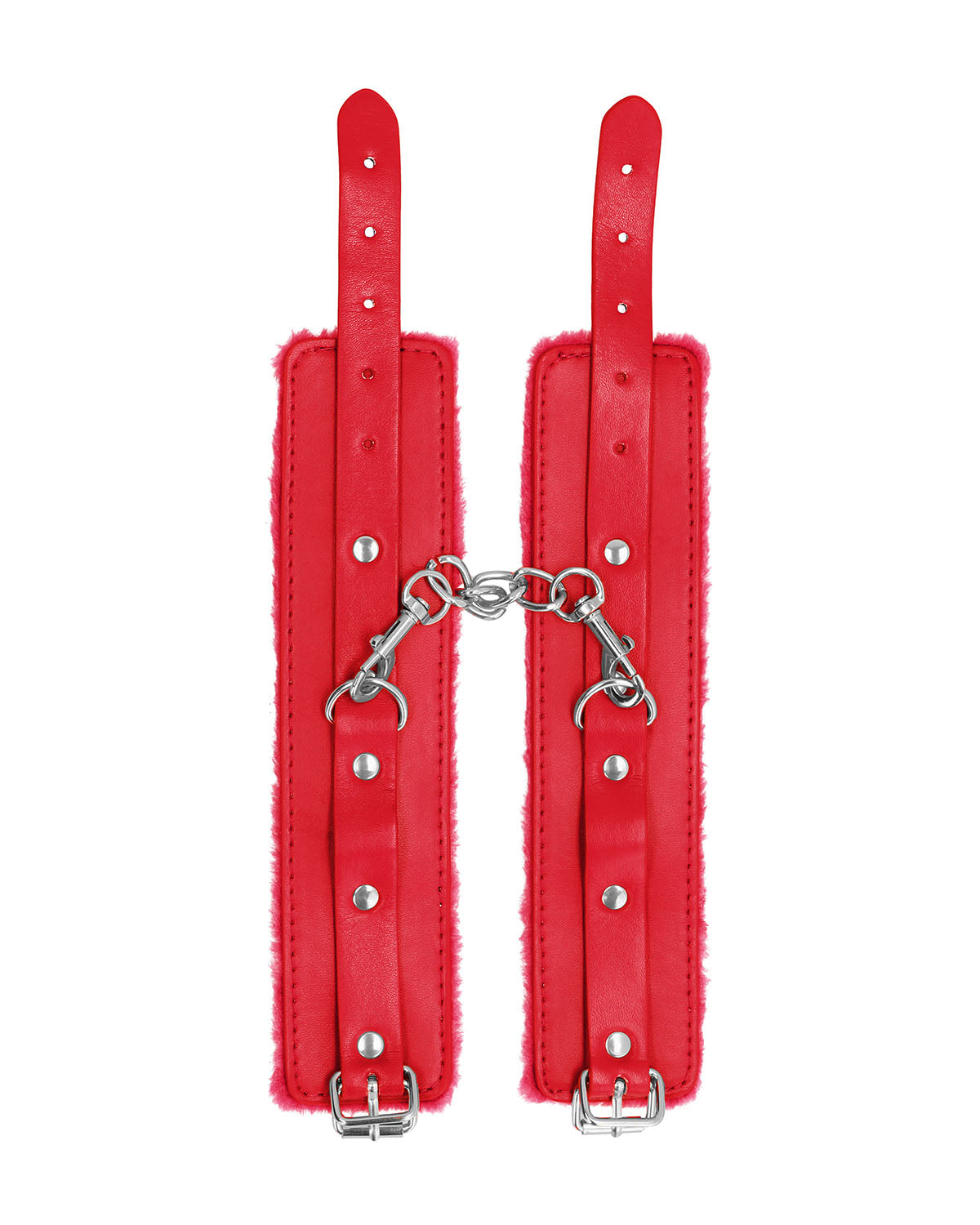 Ouch! Plush Leather Wrist Cuffs skórzane kajdanki na ręce z futerkiem czerwone