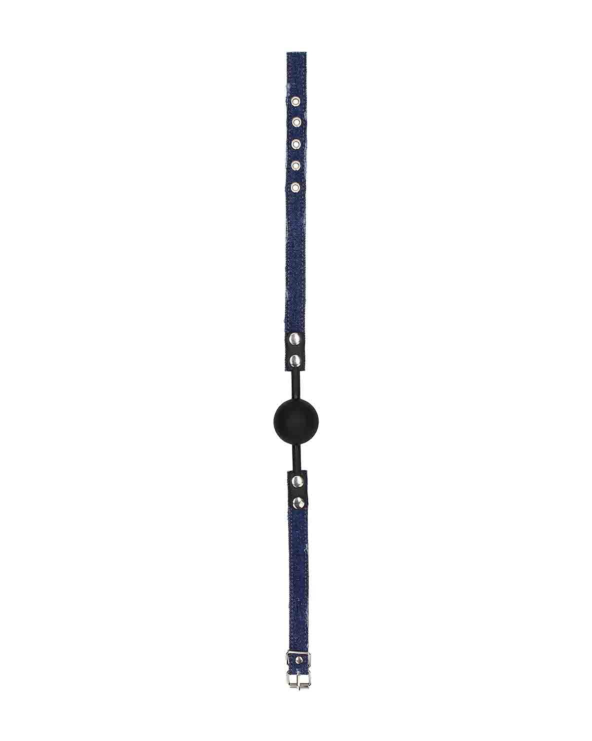 Ouch! Silicone Ball Gag with Denim Straps silikonowy knebel erotyczny z dżinsowym paskiem niebieski