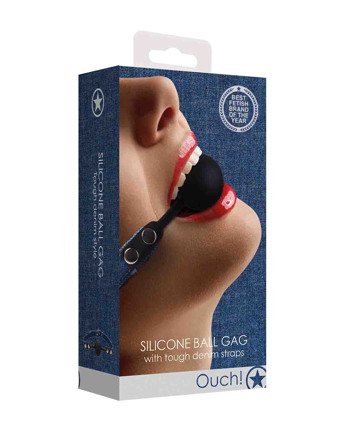 Ouch! Silicone Ball Gag with Denim Straps silikonowy knebel erotyczny z dżinsowym paskiem niebieski