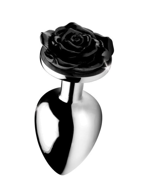XR Brands Rose Butt Plug aluminiowy korek analny z motywem róży srebrny rozmiar L