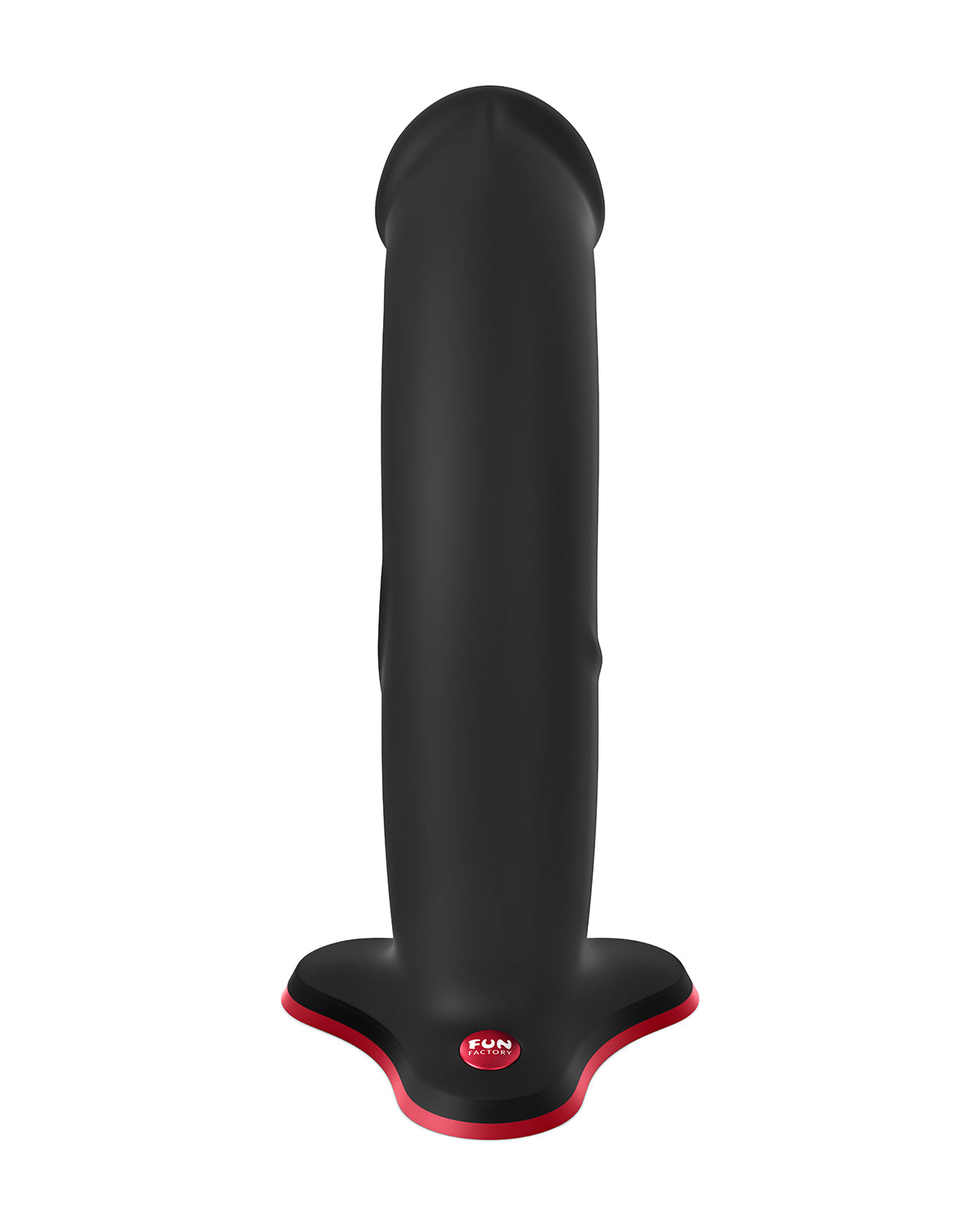 Widok z boku czarnego dildo Fun Factory z czerwoną podstawą na białym tle, pełny profil