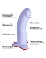 Fioletowe dildo z opisami cech: ergonomiczna główka, silikon medyczny, realistyczny design