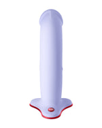 Widok z przodu na fioletowe dildo z okrągłą główką i stabilną czerwono-białą podstawą