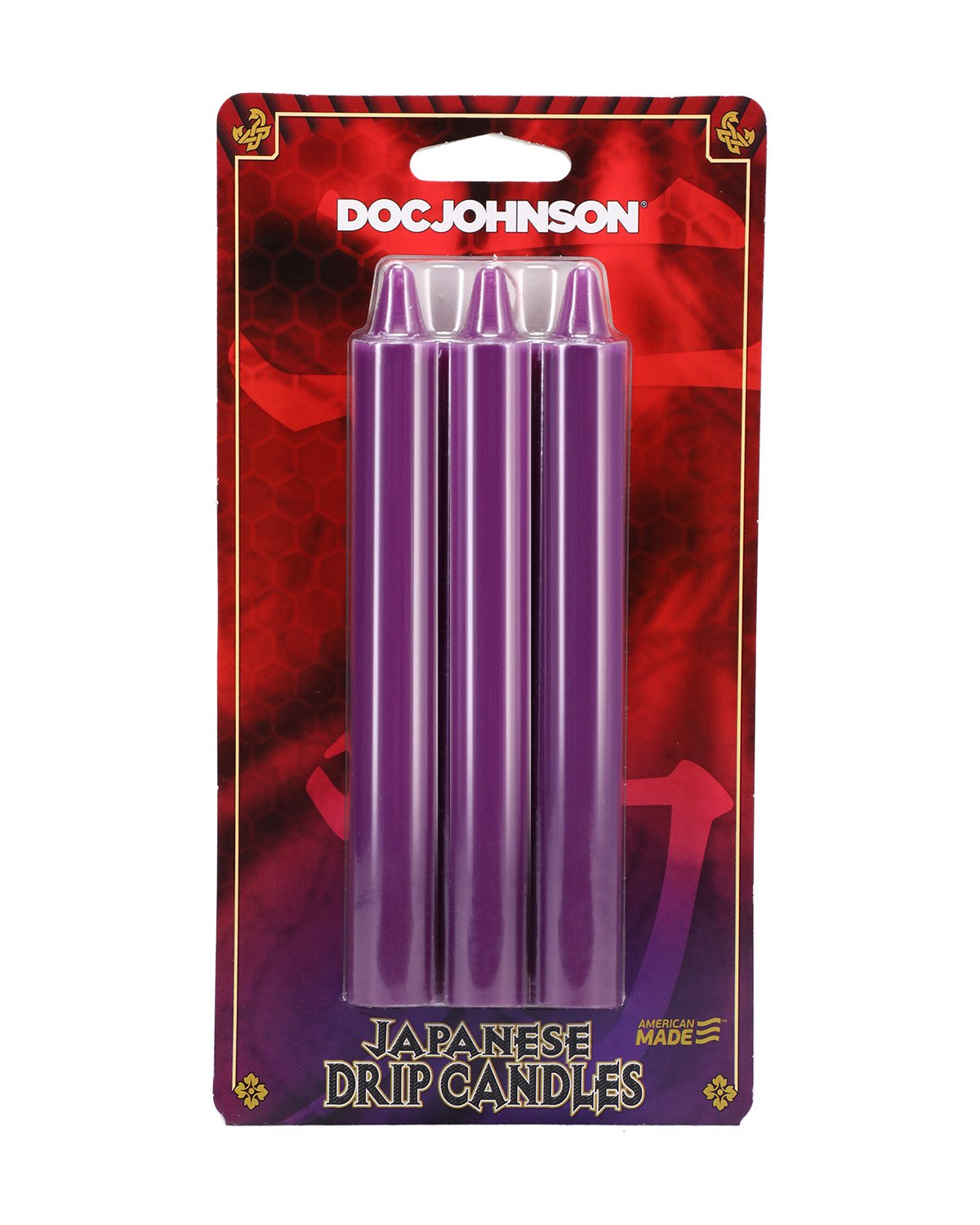 Doc Johnson Japanese Drip Candles zestaw trzech parafinowych świec do zabawy woskiem w kolorze fioletowym