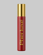 Czerwony wałek perfum Pherluxe ze złotym logo i błyszczącą złotą zakrętką