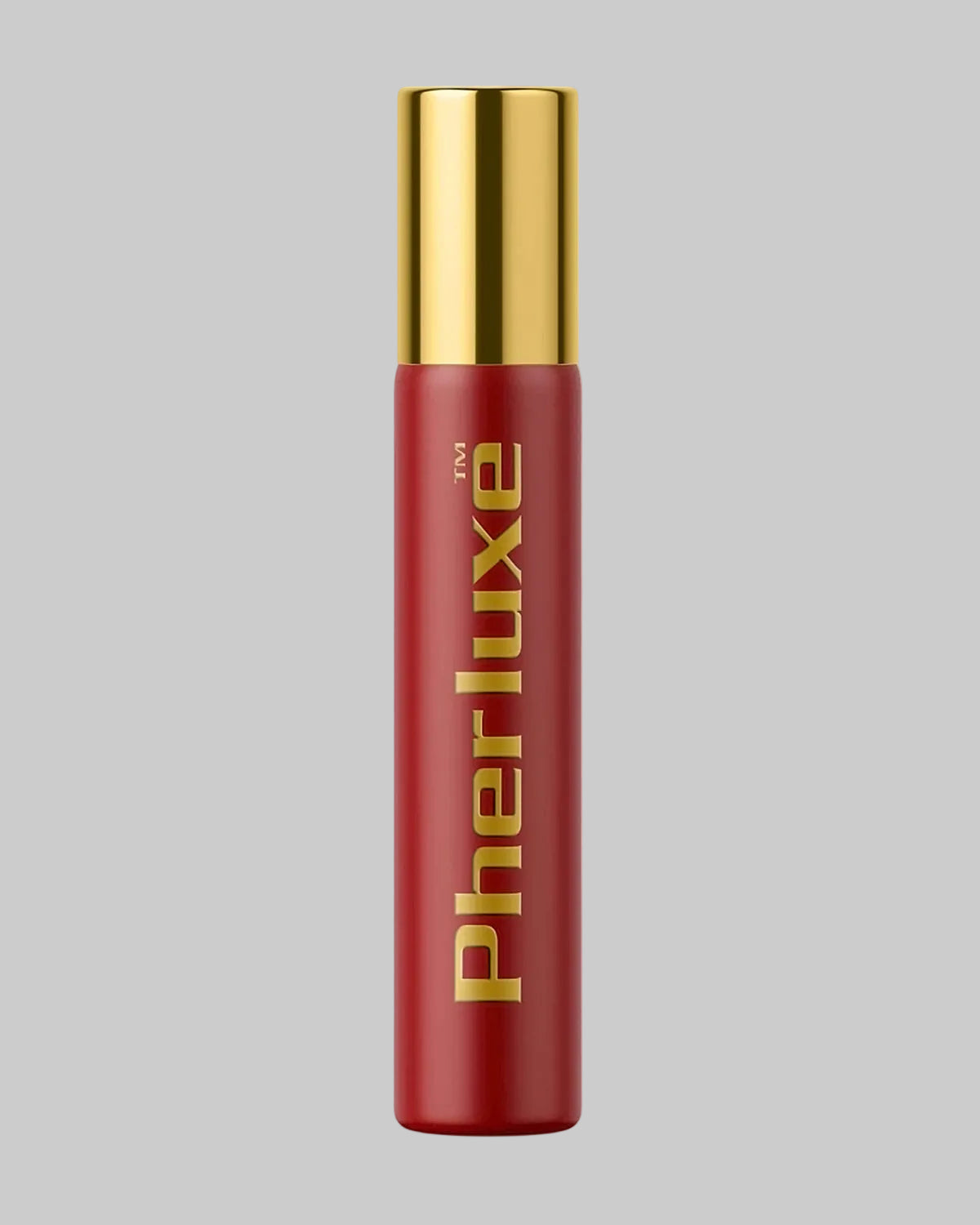 Czerwony wałek perfum Pherluxe ze złotym logo i błyszczącą złotą zakrętką