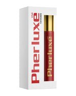 Białe pudełko z napisem Pherluxe For Women zawierające czerwony wałek z złotą zakrętką