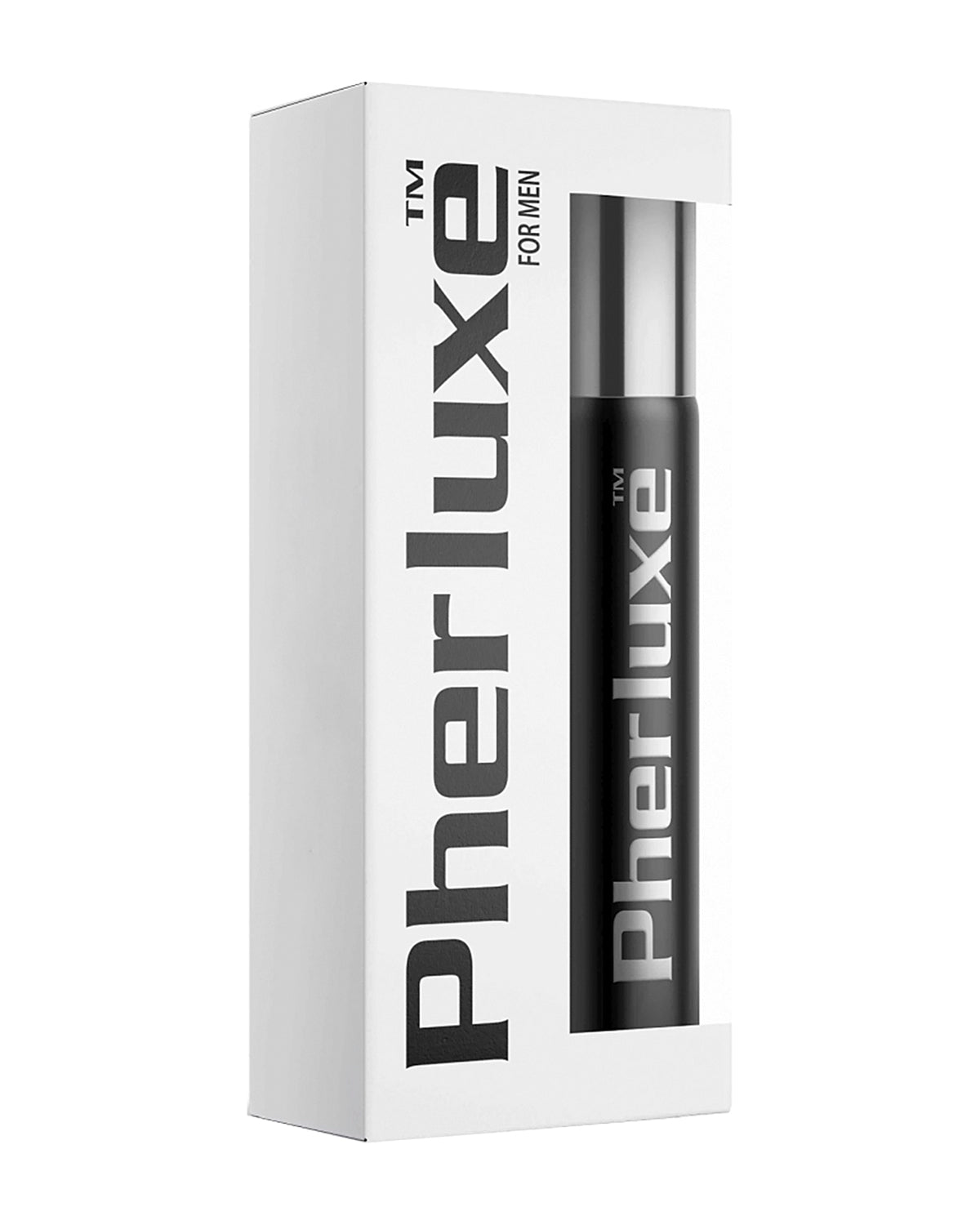 Białe pudełko z okienkiem i czarny flakon perfum Pherluxe For Men z srebrnym logo