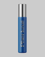 Niebieski cylindryczny flakon perfum Pherluxe ze srebrną nakrętką i metalicznym logo