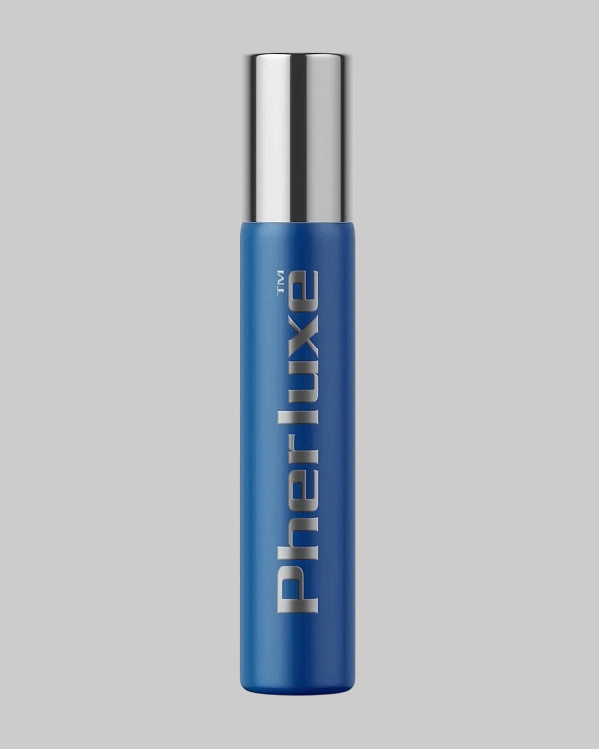 Niebieski cylindryczny flakon perfum Pherluxe ze srebrną nakrętką i metalicznym logo
