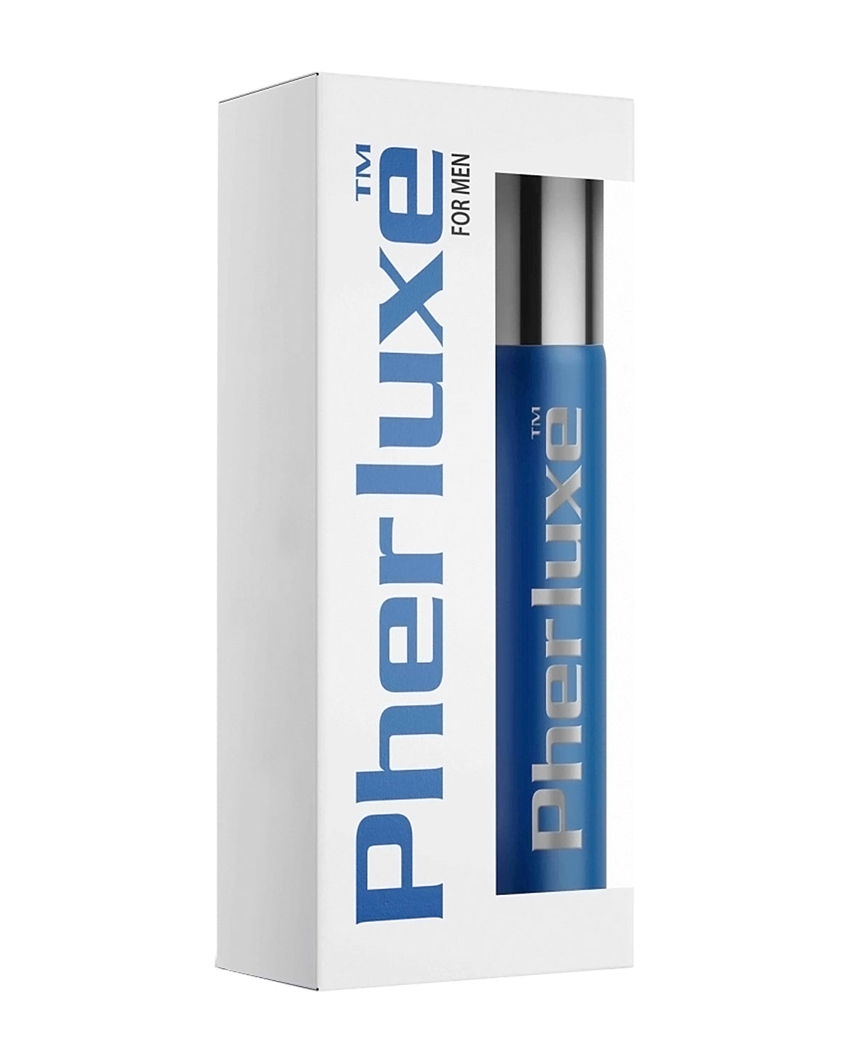Białe pudełko z niebieskim napisem Pherluxe for Men z widocznym flakonem przez okienko