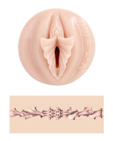 Zbliżenie na otwór waginalny masturbatora Fleshlight Lilith Fukumoto oraz przekrój wewnętrznej tekstury Shokushu.