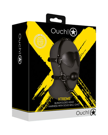 Kaganiec z kulką i maską na oczy do BDSM Ouch! Blindfolded Head Harness with Solid Ball Gag