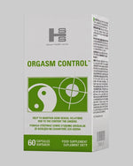 Białe pudełko suplementu diety Orgasm Control marki SHS z zielonym logo i grafiką yin-yang