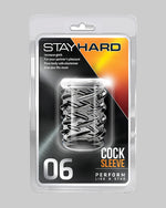 Pogrubiająca nakładka na penisa Stay Hard 06 z karbowaną teksturą w oryginalnym opakowaniu Blush.