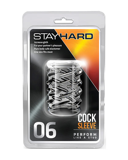 Pogrubiająca nakładka na penisa Stay Hard 06 z karbowaną teksturą w oryginalnym opakowaniu Blush.