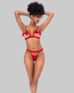 Komplet bielizny Mapalé 8901 - widok z przodu, biustonosz open cup z satynowymi kokardami i stringi - czerwony