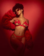 Komplet bielizny Mapalé 8901 - sesja stylizowana, czerwony biustonosz z kokardami w artystycznym oświetleniu