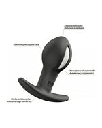 Schemat plugu analnego z opisami: zwężona końcówka, silikon bezpieczny, wewnętrzne obciążenie