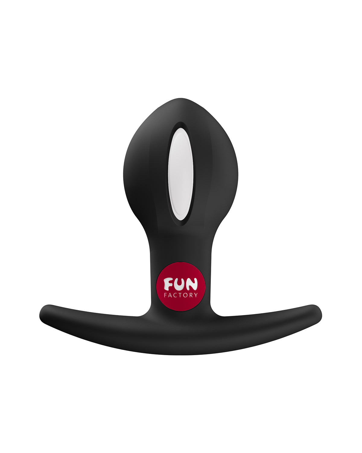 Czarny korek analny Fun Factory z owalnym otworem i czerwonym okrągłym logo na korpusie