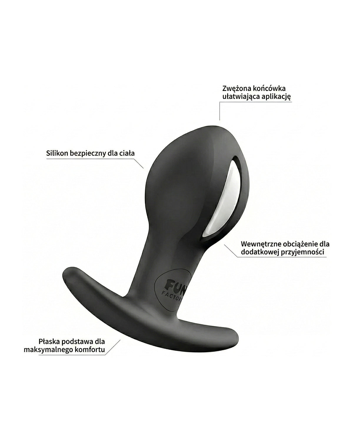 Anatomiczny schemat czarnego pluga analnego z polskimi opisami: silikon bezpieczny, płaska podstawa