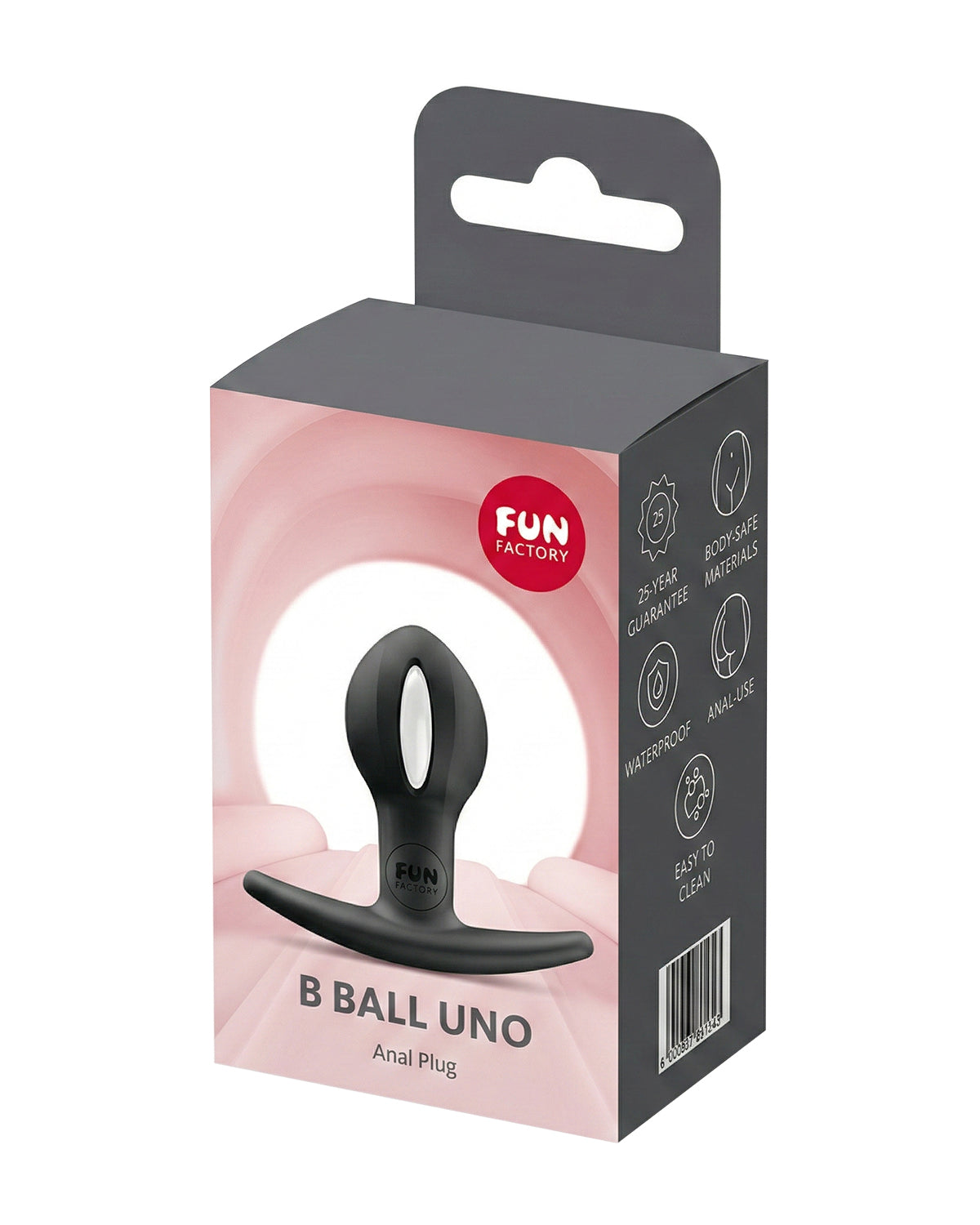 Opakowanie B Ball Uno Fun Factory na różowo-szarym tle z czarnym silikonowym plugiem analnym