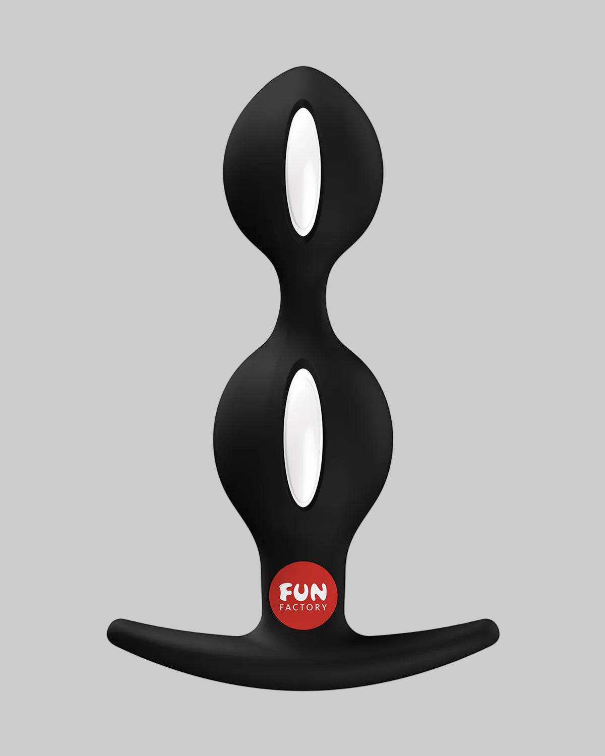 Czarny silikonowy korek analny z dwoma okrągłymi elementami i płaską podstawą z czerwonym logo Fun Factory