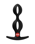 Czarny silikonowy korek analny z dwoma owalnymi kulkami i czerwonym logo Fun Factory