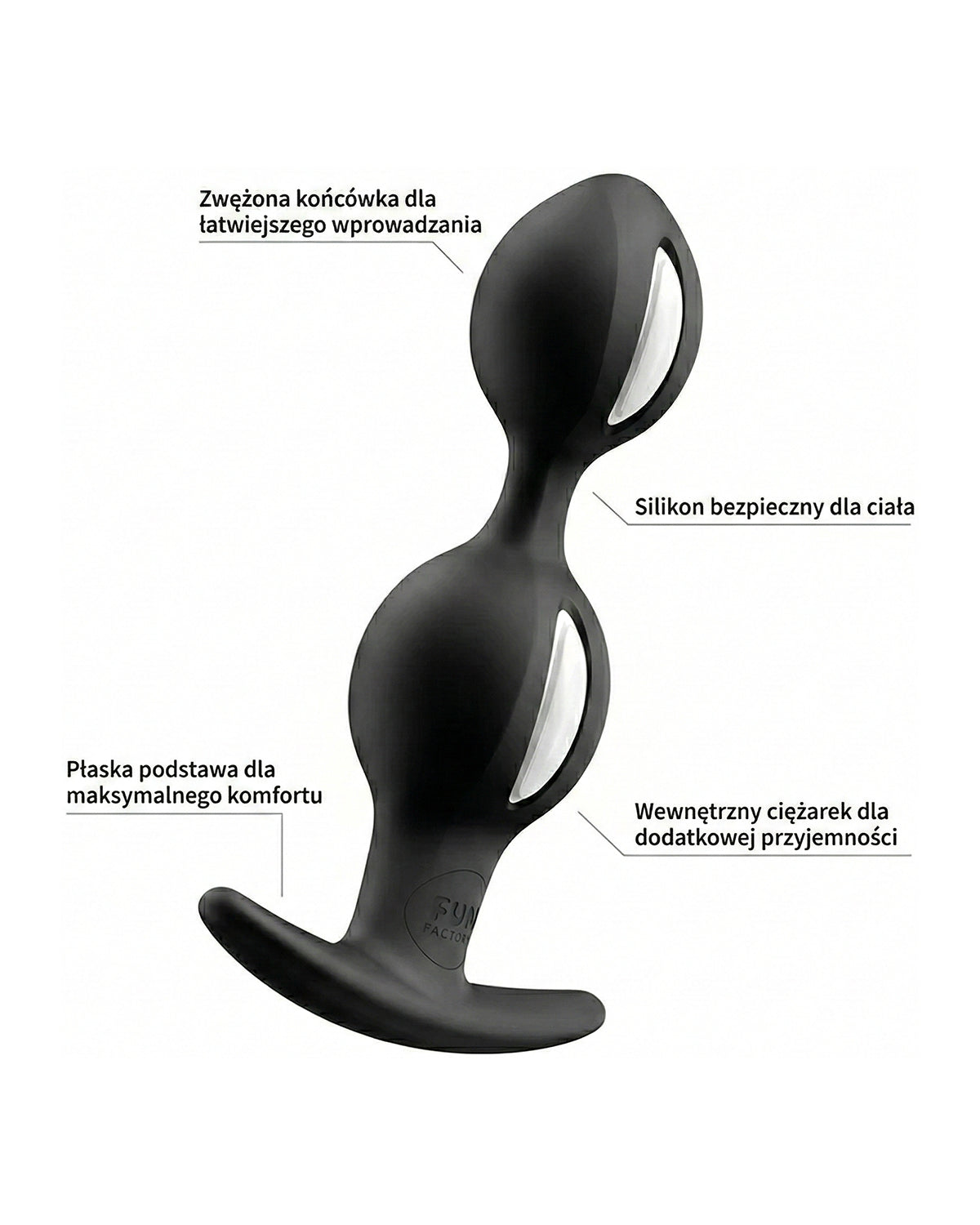 Diagram korka analnego z polskimi opisami: zwężona końcówka, silikon bezpieczny, płaska podstawa
