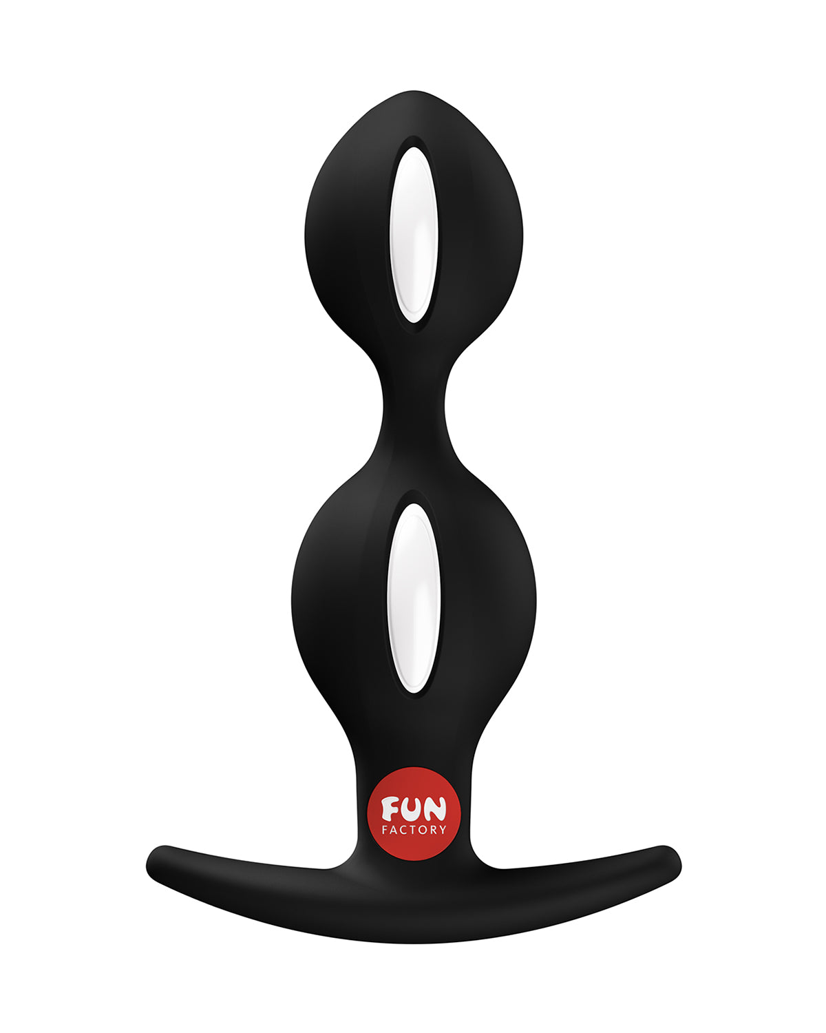 Czarny silikonowy produkt Fun Factory z dwoma owalnymi elementami i czerwonym logo marki