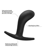 Czarny plug analny z opisami cech: zakrzywiony kształt, hipoalergiczny silikon, elastyczna podstawa