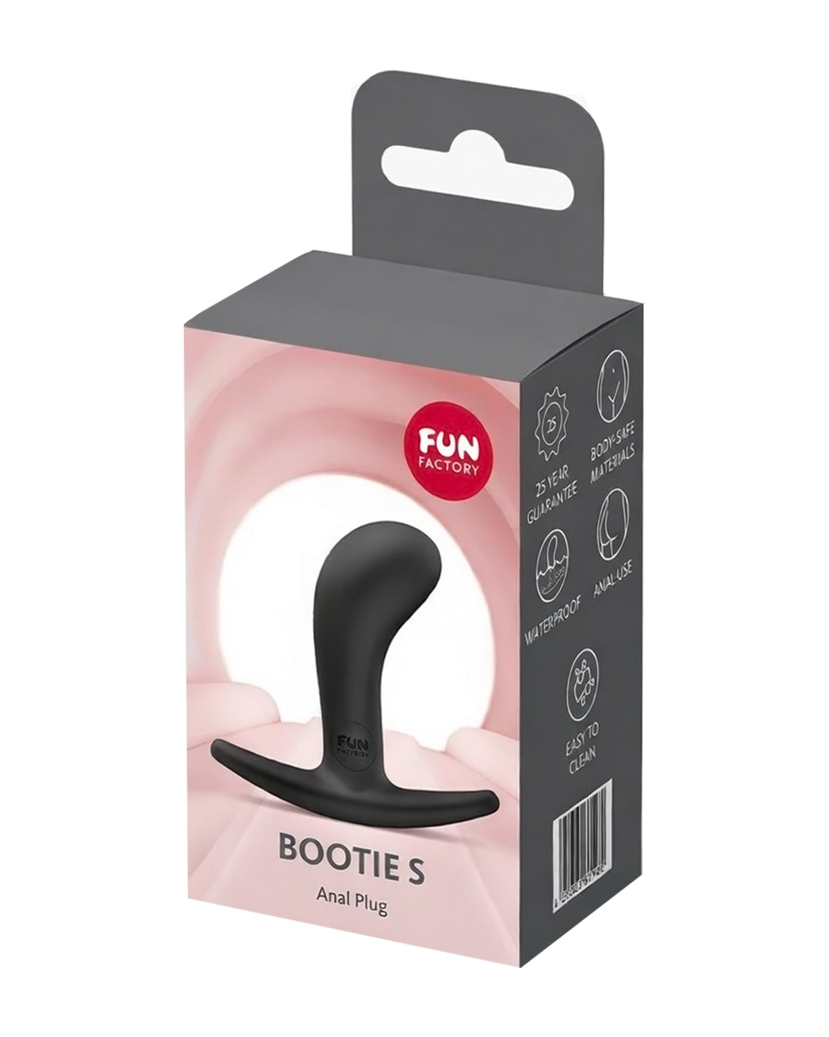 Różowo-szare opakowanie produktu Fun Factory Bootie S z przezroczystym okienkiem pokazującym czarny korek