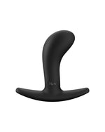 Czarny silikonowy korek analny Fun Factory z zakrzywionym kształtem i szeroką podstawą na białym tle