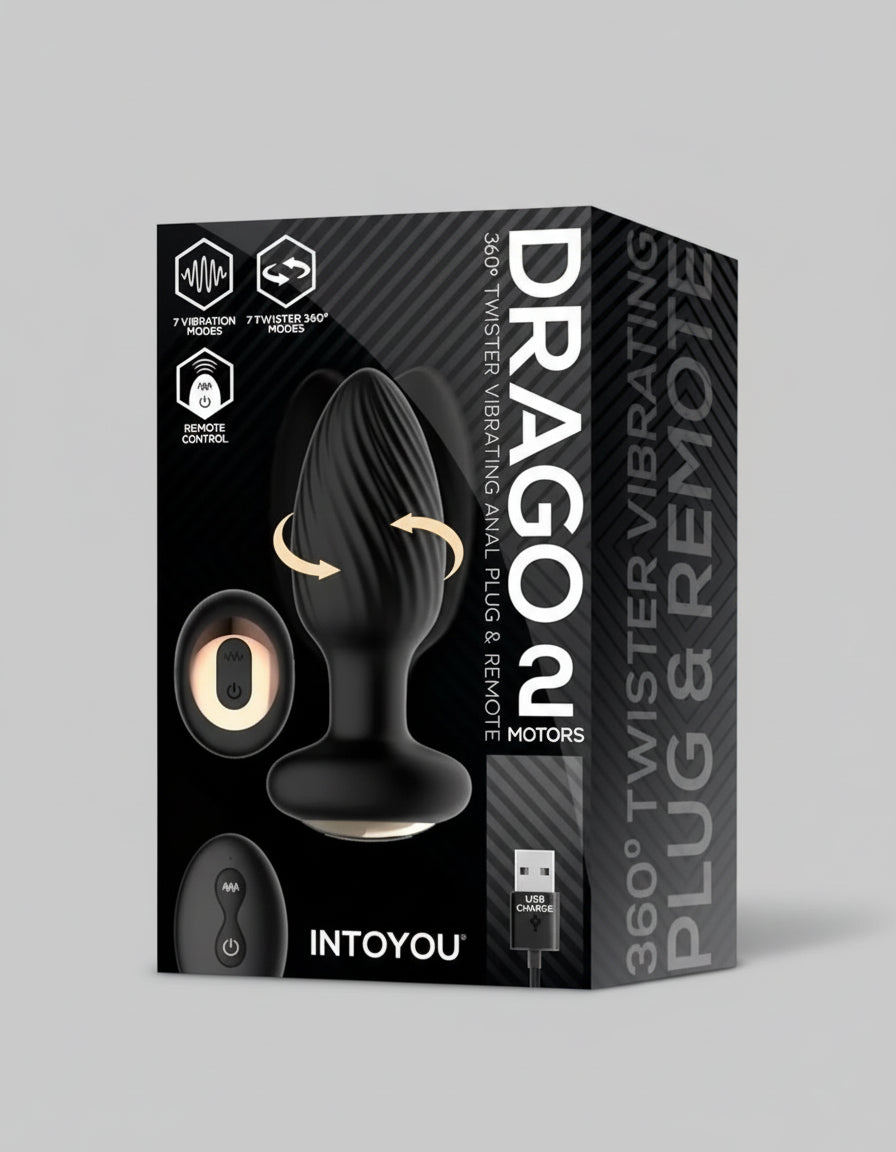 Korek analny INTOYOU Drago - opakowanie z pilotem i kablem USB do ładowania - kolor czarny