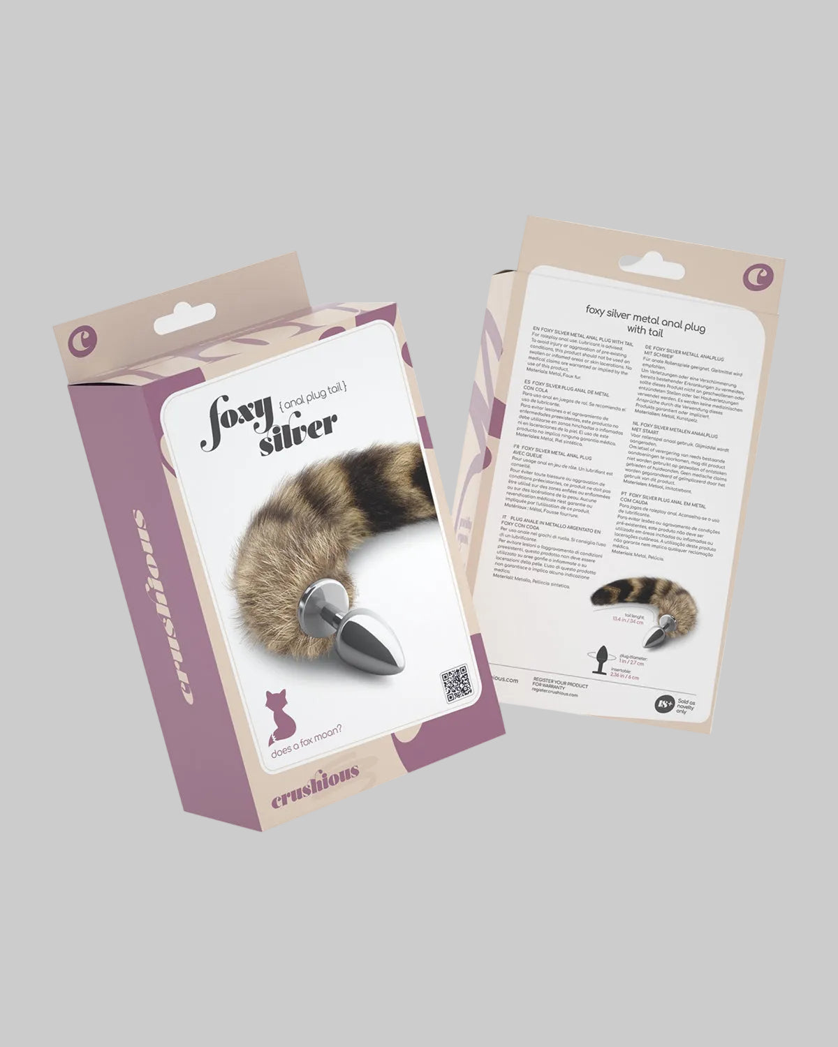 Opakowanie produktu marki Crushious w kolorze fioletowo-beżowym z przezroczystą częścią