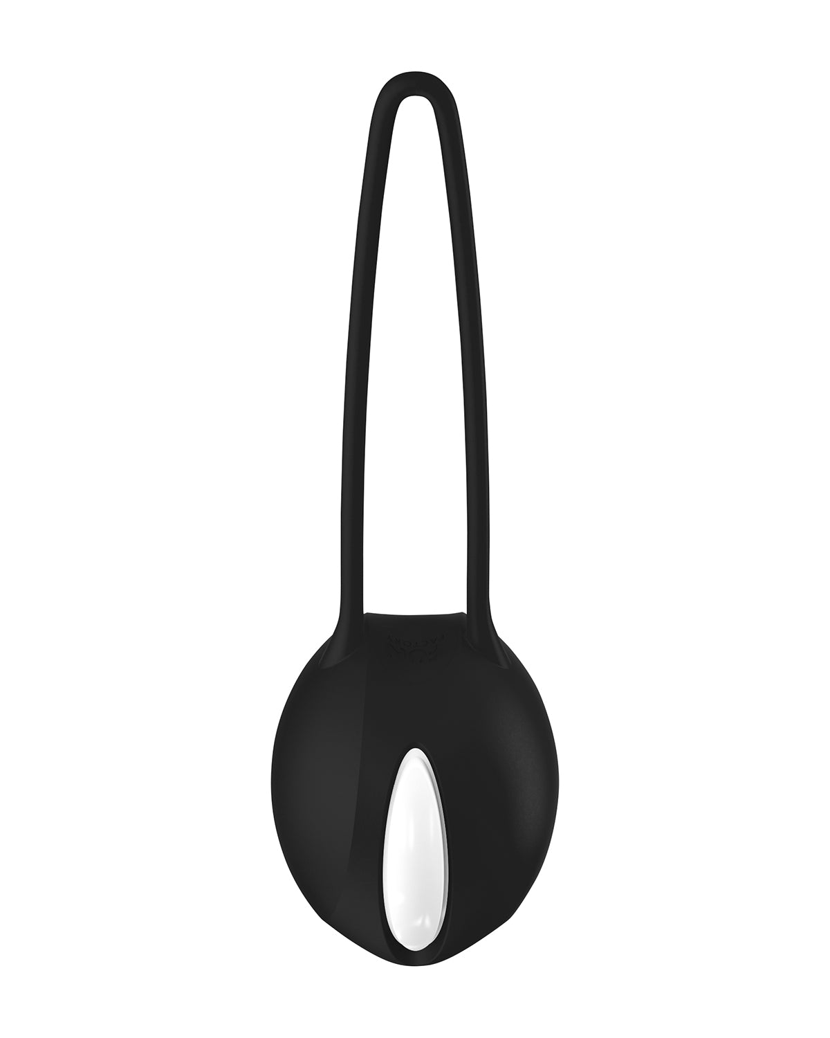 Widok z boku czarnej kulki treningowej z białym akcentem i długą silikonową pętlą