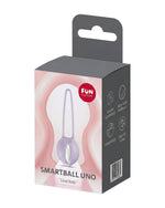 Szare pudełko produktu Fun Factory z napisem "SMARTBALL UNO Love Balls" i ikonami funkcji