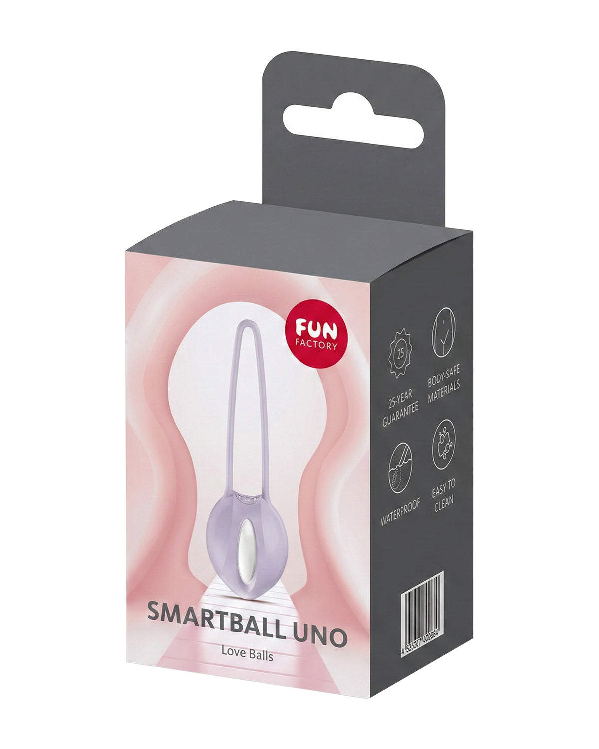 Szare pudełko produktu Fun Factory z napisem "SMARTBALL UNO Love Balls" i ikonami funkcji