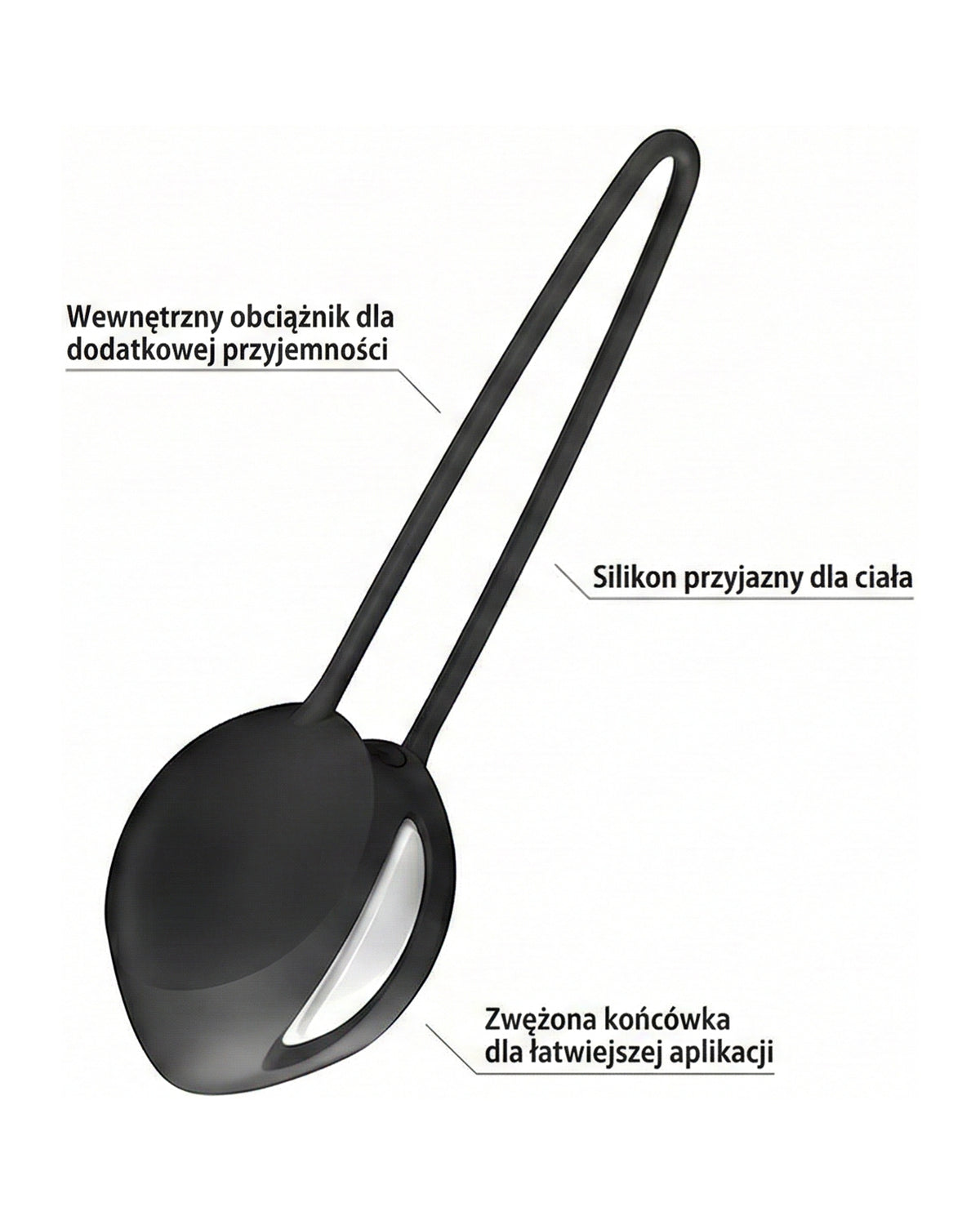 Schemat budowy kulki pokazujący wewnętrzny obciążnik, silikonowy sznurek i zwężoną końcówkę