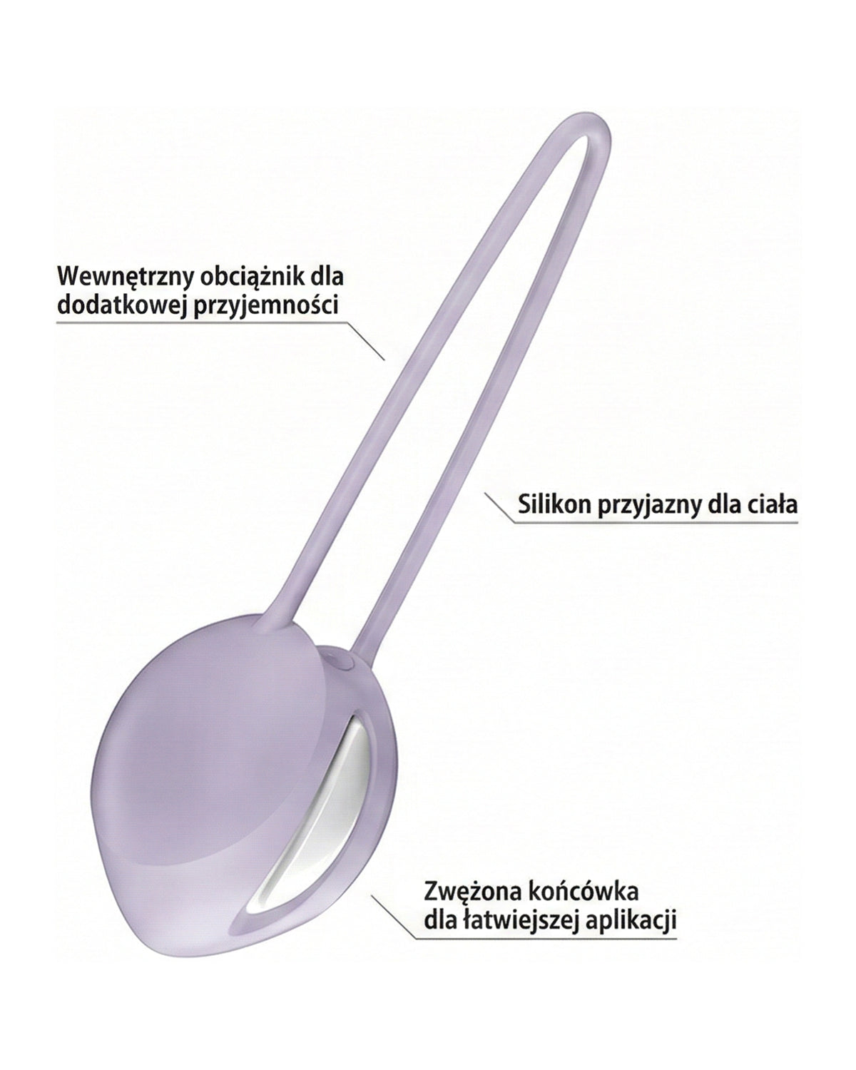 Fioletowe kulki gejszy z długim silikonowym uchwytem i opisami funkcji na białym tle