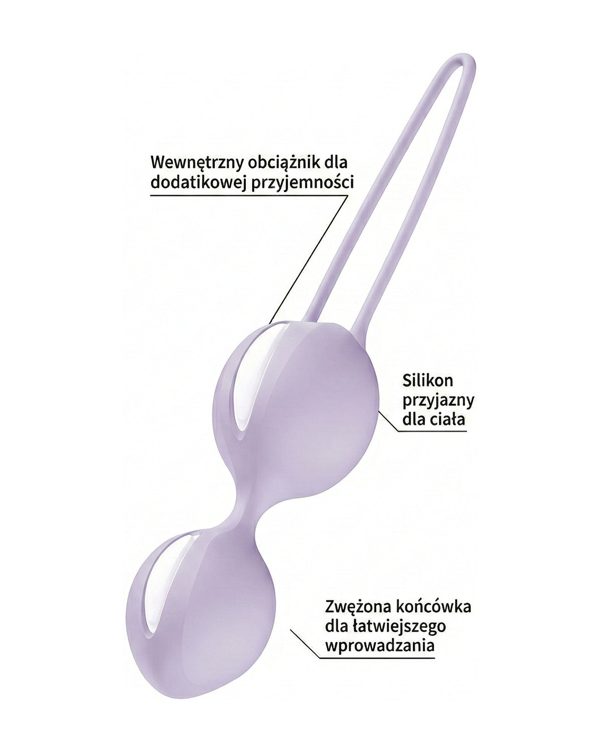 Schemat budowy kulek gejszy z opisami: obciążnik, silikon przyjazny ciału, zwężona końcówka