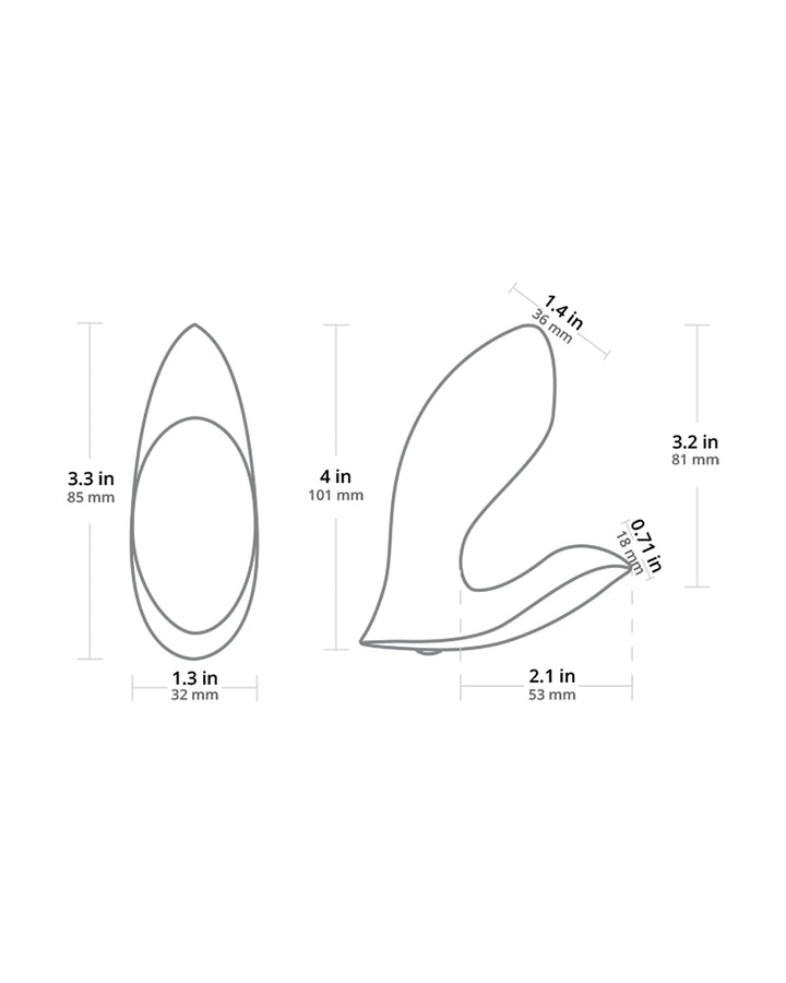 Szkic techniczny wibratora Lovense Flexer z zaznaczonymi wymiarami, przedstawiający dokładne rozmiary produktu.