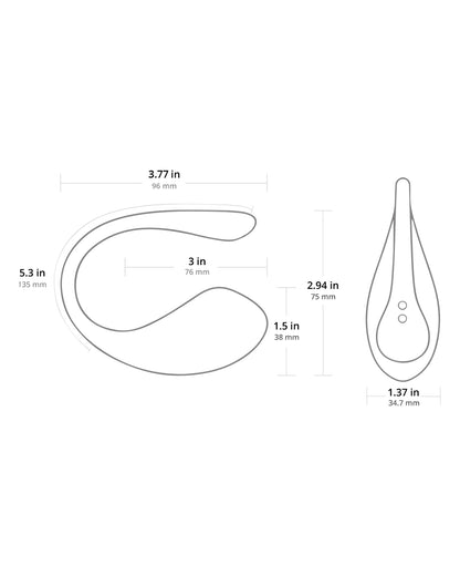 Szczegółowy rysunek techniczny Lovense Lush 3 z wymiarami, podkreślający ergonomiczny design i kompaktowe wymiary.